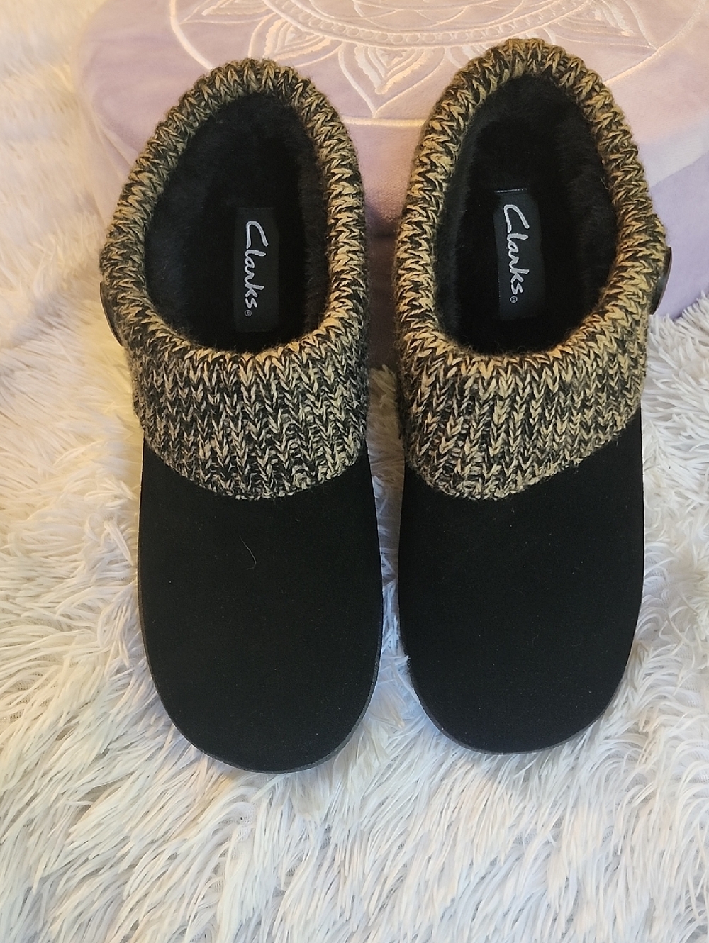 Clarks Women's Knitted Collar Clog (10 M US, Black/Beige2)